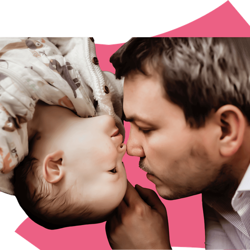 Baby and father nuzzling noses, colourful background