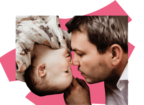 Baby and father nuzzling noses, colourful background