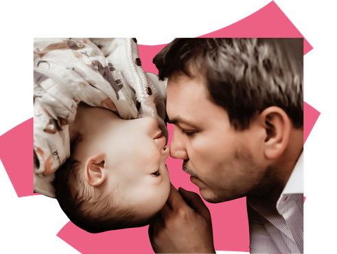 Baby and father nuzzling noses, colourful background