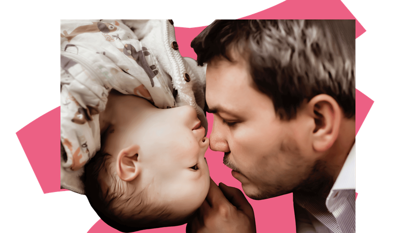 Baby and father nuzzling noses, colourful background